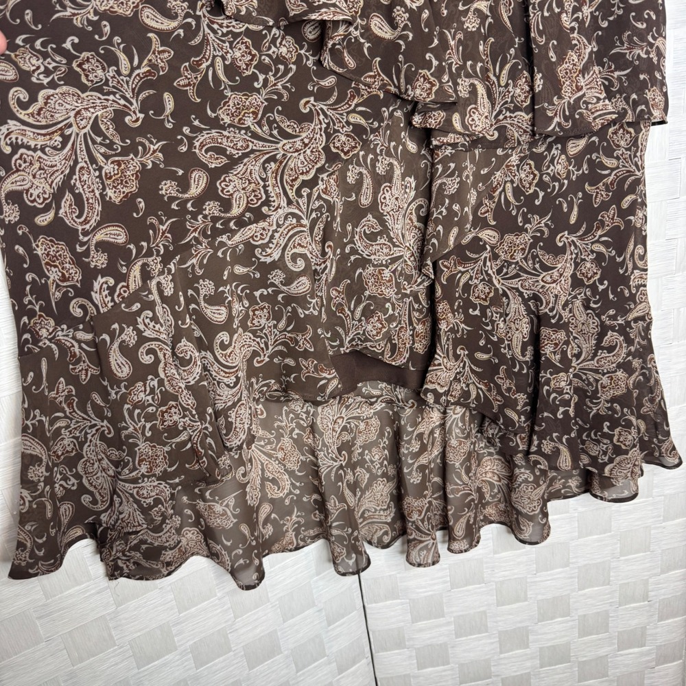 Brown Paisley Tiered Ruffle High-Low Midi Skirt Womens Large Boho - Picture 3 of 6